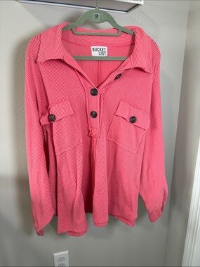 Bucket List Pink Button-Up Waffle Knit Pullover